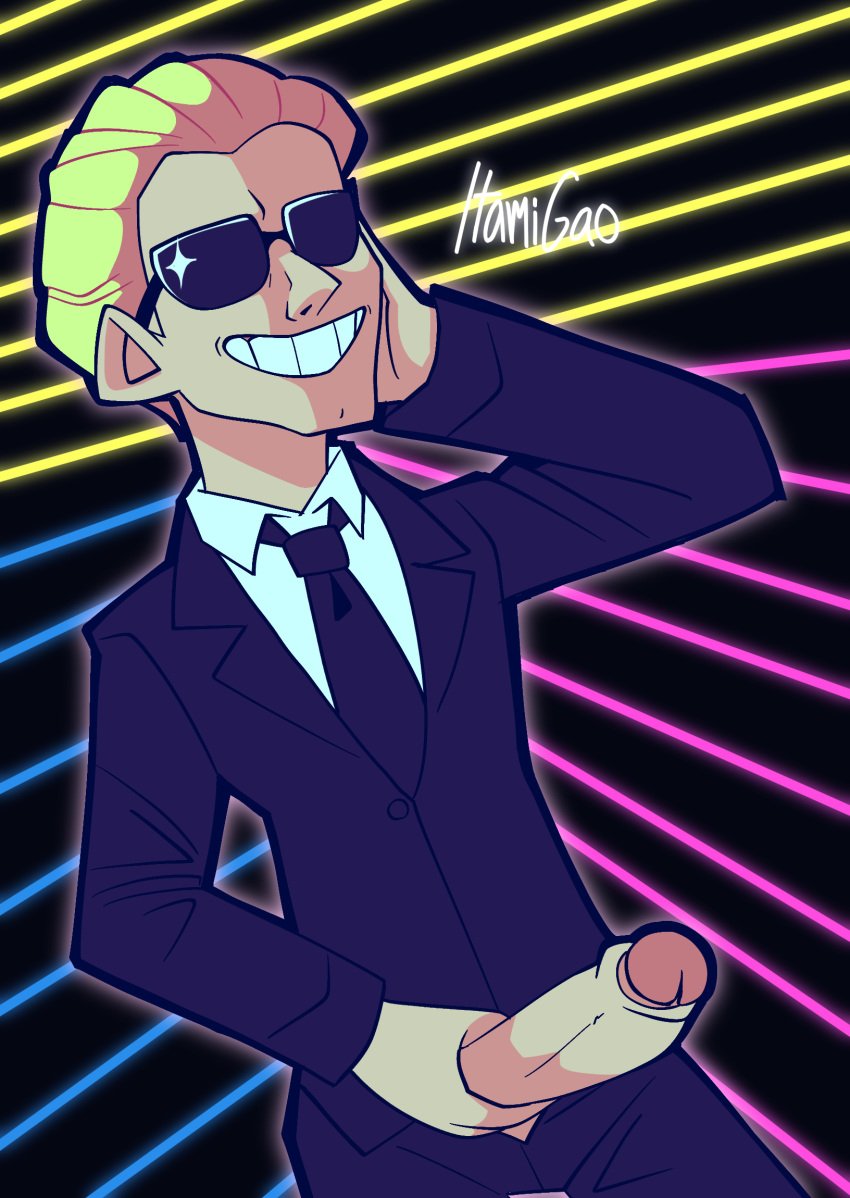 1boy 2024 blonde_hair blonde_hair_male cartoony cel_shading collar collared_shirt digital_creature foreskin foreskin_folds glowing hand_on_face hand_on_penis humanoid itamigao jacket light-skinned_male light_skin male_only max_headroom neon_lights penis pinup self_upload shine shiny_glasses signature simple_background smiling smiling_at_viewer solo solo_focus solo_male standing suit sunglasses tie toony