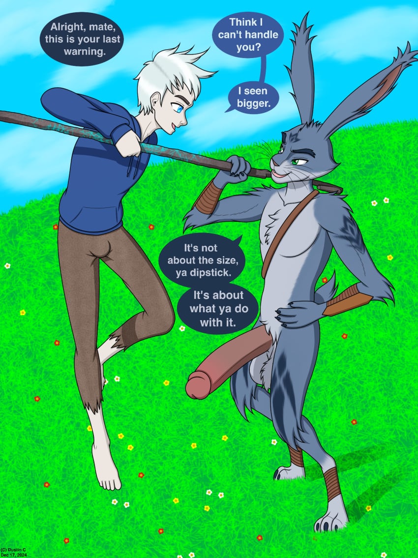 3:4 anthro balls big_penis blue_body blue_eyes blue_fur blue_sky body_hair bottomwear bunnymund clothed clothing digital_media_(artwork) dreamworks duo dustin_c easter easter_bunny easter_bunny_(rise_of_the_guardians) english_text erection flower fur genitals grass green_eyes hair hairy_balls hi_res holidays hoodie human humanoid_genitalia humanoid_penis jack_frost jack_frost_(rise_of_the_guardians) lagomorph leporid male male/male mammal open_mouth paramount_pictures penis plant rabbit rise_of_the_guardians simple_background sky smile tail text topwear white_hair