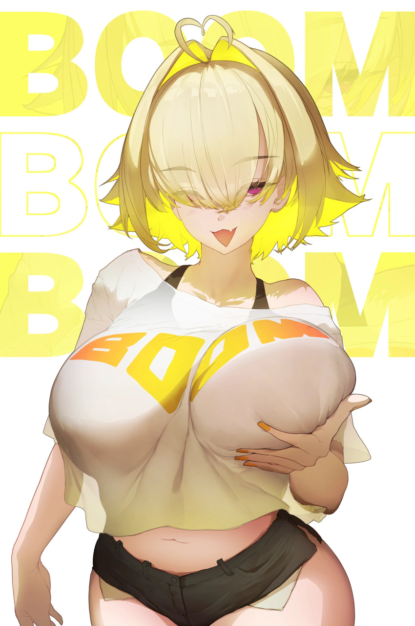 1girls arms_up artist_request blonde_hair ecchily elegg_(nikke) female goddess_of_victory:_nikke huge_breasts light-skinned_female looking_at_viewer loose_shirt shorts smile solo solo_female tagme