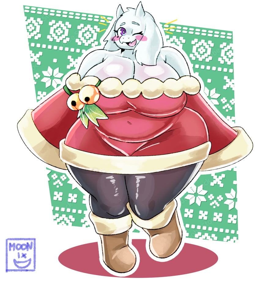 absurd_res anthro ass belly big_belly big_breasts big_butt blush bodily_fluids boss_monster_(undertale) bovid breasts candy candy_cane caprine christmas christmas_clothing clothed clothing dessert digital_media_(artwork) female food fur goat hair hi_res holidays horn huge_butt leggings legwear looking_at_viewer mammal mature_female moonix_xero nipple_outline overweight plant simple_background smile solo text thick_thighs topwear toriel undertale undertale_(series) white_body white_fur wide_hips