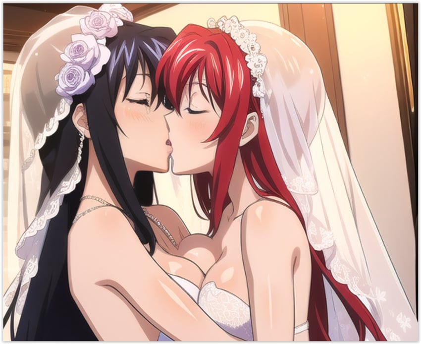 2females 2girls 2women ai_generated akeno_himejima bride_and_bride girl_on_girl high_school_dxd lesbian_couple lesbian_kiss lesbian_wedding love lovers married_couple married_woman rias_gremory wife_and_wife yuri