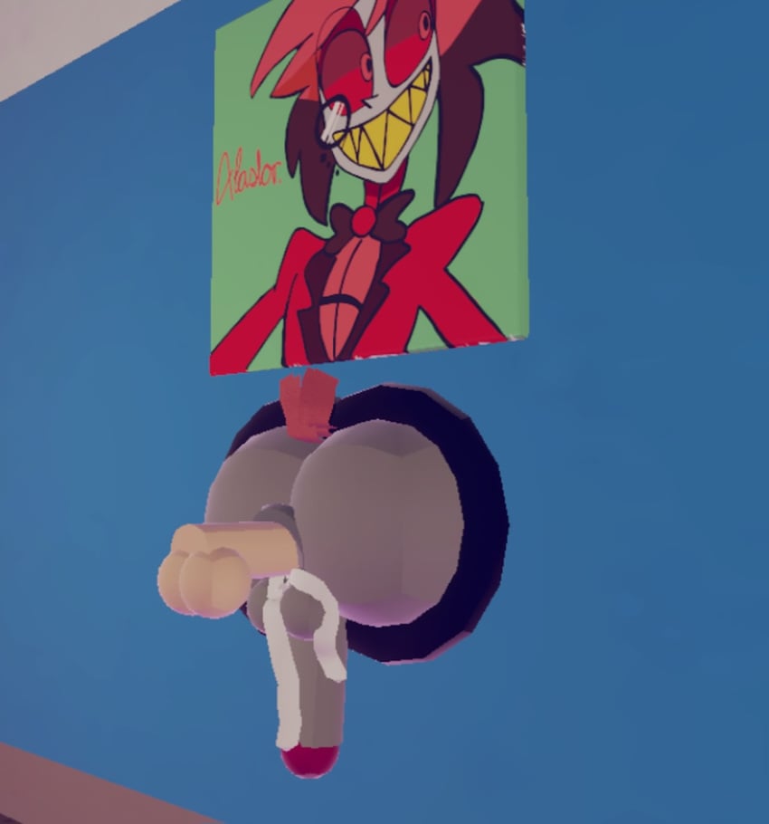 3d alastor_(hazbin_hotel) anal anal_sex anal_sex anus ass ass_focus cum cum_drip cum_in_ass deer demon disembodied_penis game_cg game_screenshot gay grey_skin hazbin_hotel recroom recroom-nsfw stuck stuck_in_wall tail