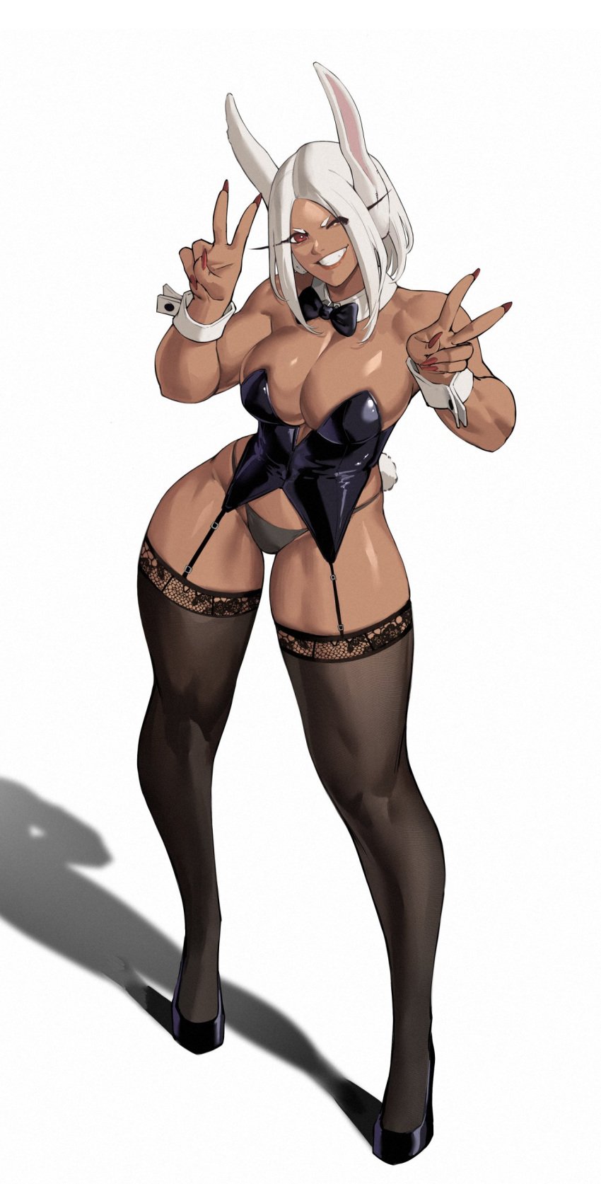 1girls big_breasts big_thighs bob_cut bodysuit bunny_ears bunny_tail bunnysuit dark-skinned_female dark_skin heels high_heels kemonomimi long_legs looking_at_viewer miruko my_hero_academia peace_sign red_eyes short_hair simple_background smiling smiling_at_viewer solo solo_female stockings tall_female thick thick_thighs thigh_highs thighhighs thighs white_hair zukululuu