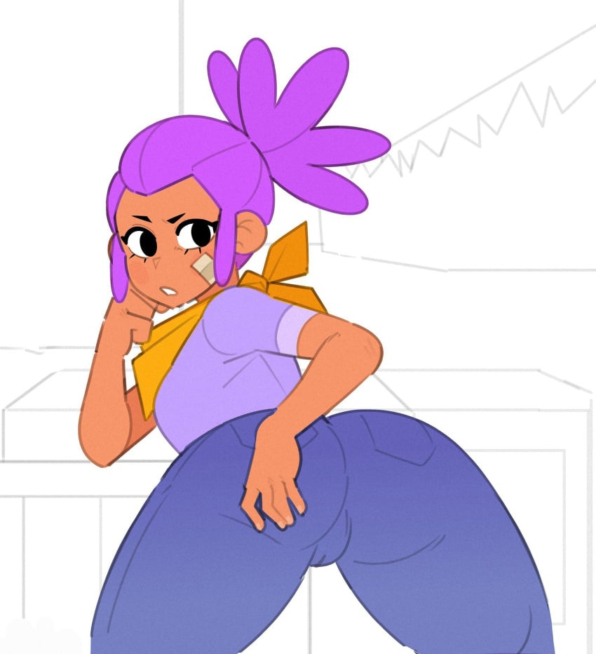 big_ass big_thighs brawl_stars cameltoe clothed dsmnup dsmnut hand_on_butt hi_res latina looking_at_viewer purple_hair round_ass shelly_(brawl_stars) simple_background