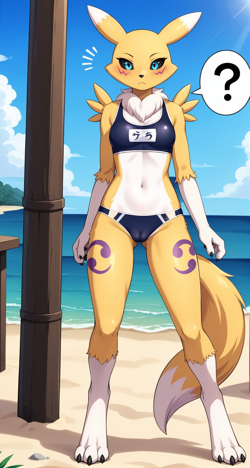 1girls 2024 ai_generated anthro beach black_sclera blue_eyes blushing cameltoe confused confusion digimon digimon_(species) digitigrade female female_only hi_res looking_at_viewer oblivious outdoors question_mark renamon seaside swimwear white_fur yellow_fur