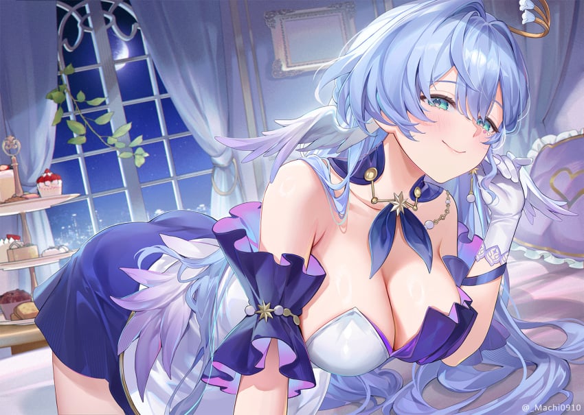 armpit_crease artist_name bare_shoulders blue_hair breasts closed_mouth collar collarbone commentary_request detached_collar detached_sleeves dress earrings female food_request gloves green_eyes hair_between_eyes halo hand_up head_wings honkai:_star_rail honkai_(series) indoors jewel_under_eye jewelry large_breasts light_blush long_hair looking_at_viewer machi_(7769) machi_(machi0910) moon night night_sky on_bed paid_reward_available purple_collar purple_dress purple_sleeves robin_(honkai:_star_rail) short_sleeves sky smile solo strapless strapless_dress tiered_tray two-tone_dress white_dress white_gloves window wings