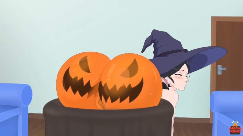 1girls animacomics anna_lucy_(rune_adventure) ass ass_exposed ass_paint big_ass black_hair closed_eyes halloween looking_back presenting presenting_ass pumpkin_butt rune_adventure tagme witch_costume witch_hat