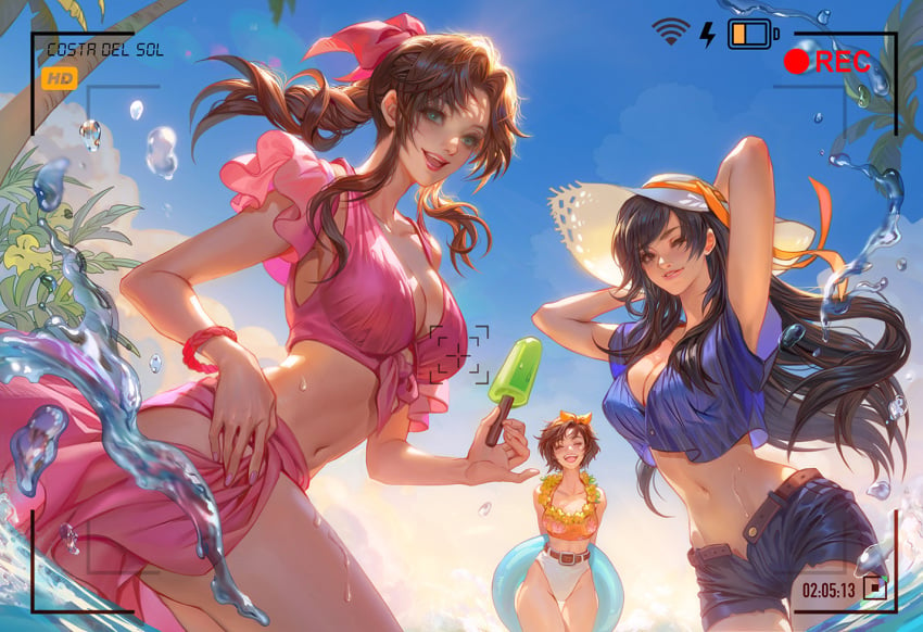 3girls aerith_gainsborough aerith_gainsborough_(pink_mermaid) arms_behind_head bikini black_hair black_shorts blue_shirt bracelet braid braided_ponytail breasts brown_hair closed_mouth crop_top detached_sleeves fan_yang fan_yang_(jiuge) final_fantasy final_fantasy_vii final_fantasy_vii_rebirth final_fantasy_vii_remake flower flower_necklace food frilled_sleeves frills green_eyes hair_ribbon hairband hat holding holding_food holding_hat holding_ice_cream holding_swim_ring holding_unworn_clothes ice_cream innertube jewelry jiuge large_breasts lei long_hair looking_at_viewer medium_breasts midriff multicolored_bikini multiple_girls navel necklace official_alternate_costume one_eye_closed open_fly open_mouth orange_hairband orange_shirt outdoors palm_tree parted_bangs parted_lips partially_submerged pink_bikini pink_ribbon ribbon shirt short_hair short_shorts short_sleeves shorts sidelocks single_braid smile straw_hat striped_clothes striped_shirt sun_hat swept_bangs swim_ring swimsuit thigh_gap tifa_lockhart tifa_lockhart_(majestic_glamour) tree two-tone_bikini viewfinder water water_drop wet white_bikini yuffie_kisaragi yuffie_kisaragi_(summer_orange)