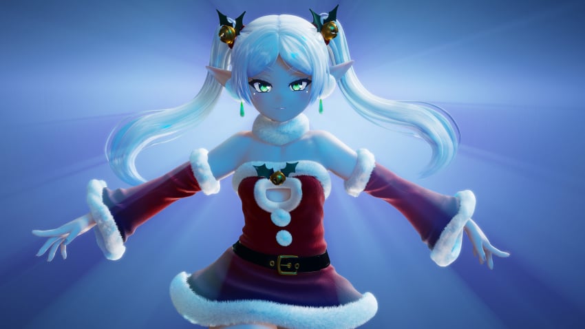 1girls 3d 3d_model christmas detached_sleeves elf elf_ears elf_female elf_girl female female_focus female_only frieren frieren_beyond_journey's_end green_eyes mantis_x pale pale-skinned_female pale_skin pale_skinned_female pointy_ears santa_costume santa_dress sousou_no_frieren tagme