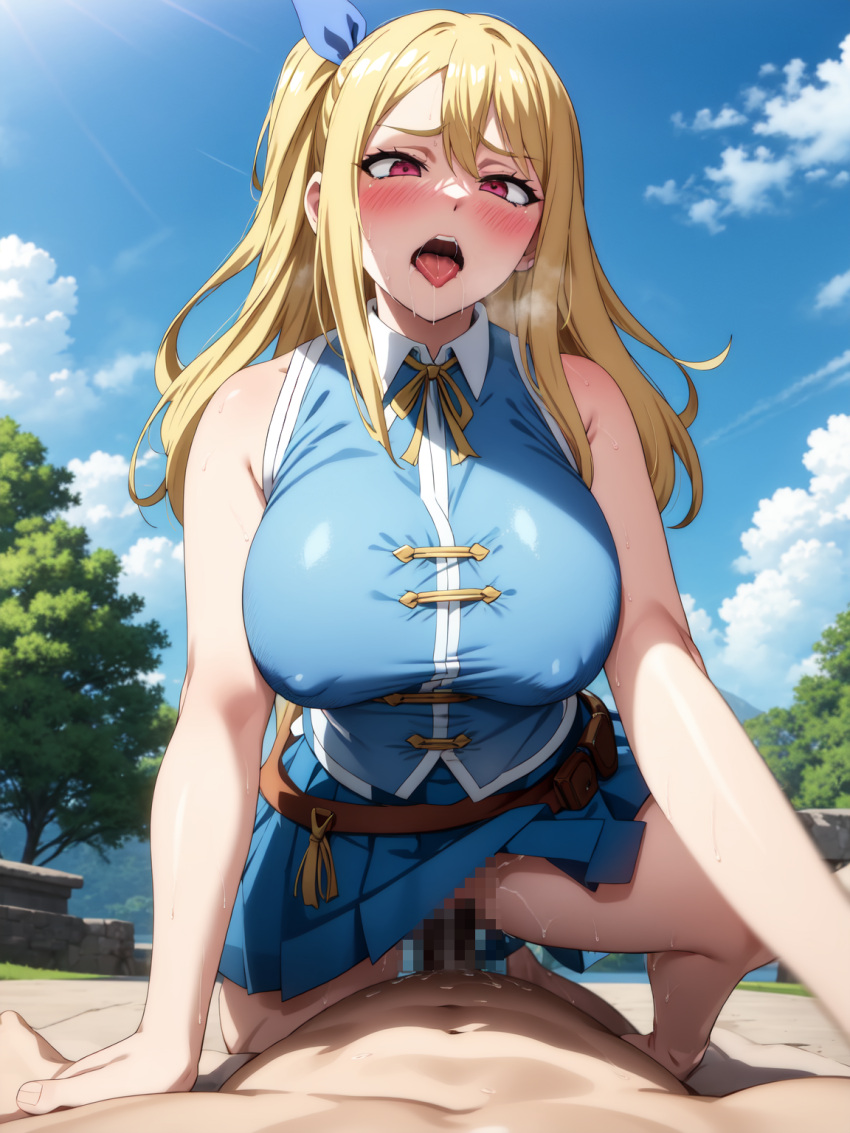 ai_generated aina blonde_hair blush censored clothing fairy_tail huge_breasts lucy_heartfilia no_panties open_mouth reverse_rape sex