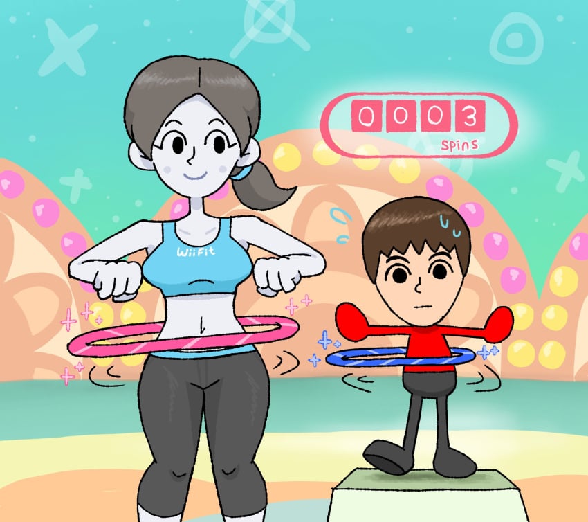 1boy 1girls balancing clavicle exercise grey_hair hula_hoop looking_at_another midriff mii motion_lines navel nintendo ponytail ring smile sweat uznhoj white_skin wiggling wii_fit wii_fit_trainer