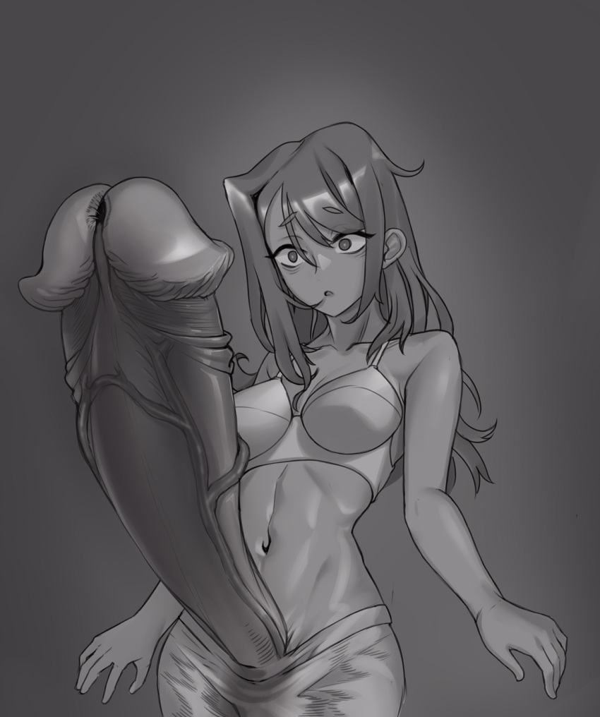 1futa 2023 balls big_penis bra breasts clothed clothing emma_(seconduspublius) erection focus_on_penis futa_only futanari gigantic_penis greyscale huge_cock human messy_hair monochrome mushroom_penis oc original_character panzermeido partially_clothed penis secunduspublius solo standing surprised underwear young