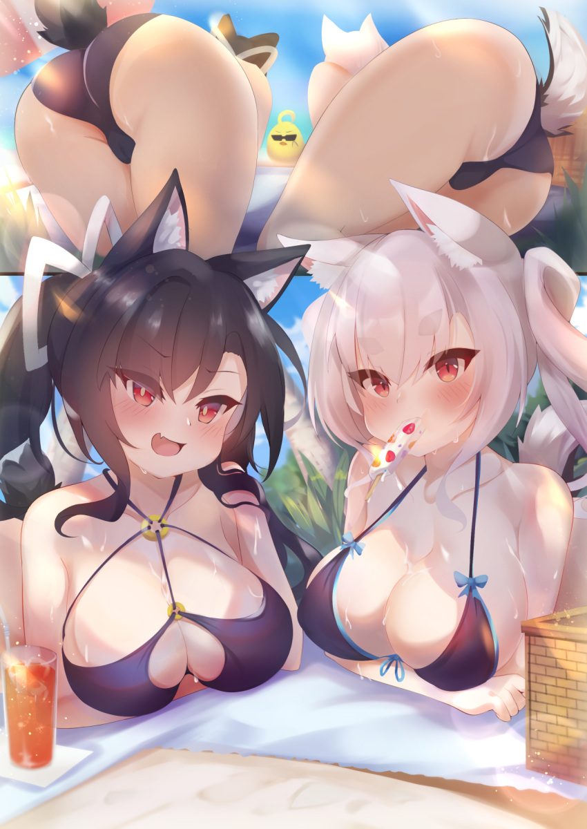 1animal 2girls animal_ears artist_request ass azur_lane basket bird black_hair blue_sky blush breasts chicken food glass highres huge_ass large_breasts light-skinned_female light_skin manjuu_(azur_lane) multiple_girls parasol popsicle red_eyes sakura_empire_(azur_lane) shigure_(azur_lane) sky smile sunglasses sweat swimsuit tablecloth tail umbrella white_hair yuudachi_(azur_lane)