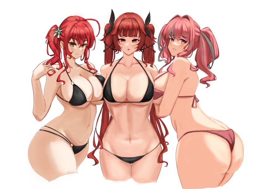 3girls alternate_costume ass azur_lane bikini black_bikini black_ribbon breasts bremerton_(azur_lane) curvy grey_hair hair_ribbon highres honolulu_(azur_lane) honolulu_(summer_accident?!)_(azur_lane) huge_ass italian_flag large_breasts long_hair looking_at_viewer moyunin multicolored_hair multiple_girls o-ring o-ring_bikini official_alternate_costume pink_bikini pink_hair red_hair ribbon side_ponytail simple_background striped swimsuit thong thong_bikini twintails two-tone_hair vertical_stripes very_long_hair white_background wide_hips yellow_eyes zara_(azur_lane) zara_(poolside_coincidence)_(azur_lane)