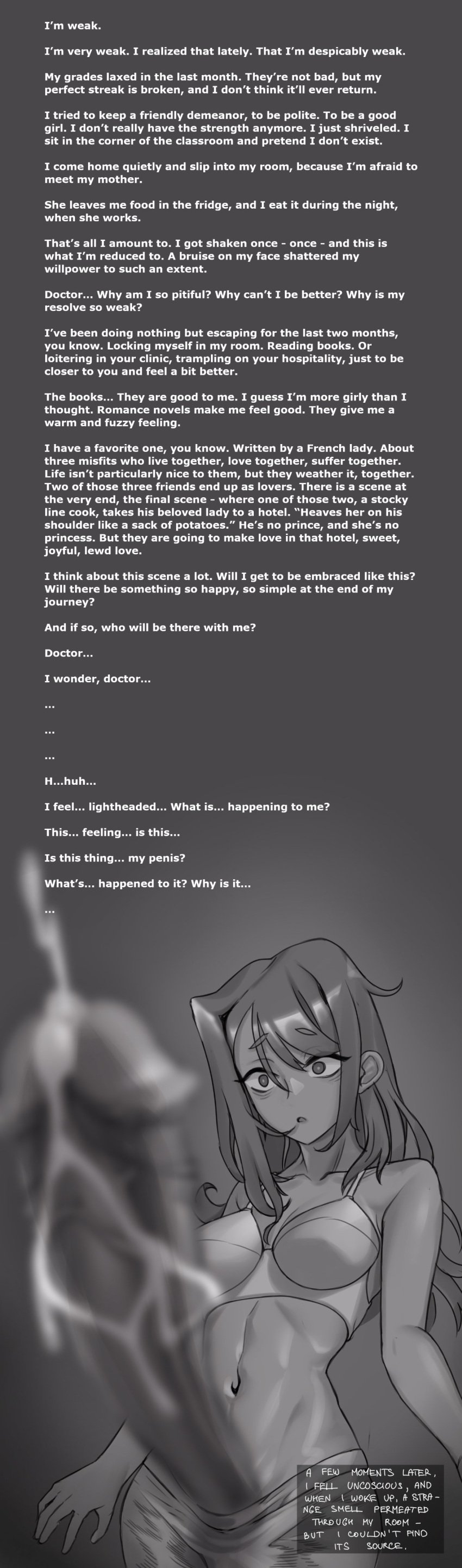 1futa 2023 balls big_penis blur_censor blurry blurry_penis breasts clothed clothing cum dialogue emma_(seconduspublius) english_text erection futa_only futanari gigantic_penis greyscale huge_cock human lore messy_hair monochrome oc panzermeido partially_clothed penis secunduspublius solo standing surprised text young