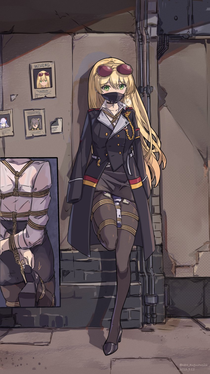 absurdres arms_behind_back black_footwear black_pantyhose black_skirt blonde_hair bondage bound eyewear_on_head female girls'_frontline green_eyes high_heels highres hitachi_magic_wand long_hair long_sleeves mask military_jacket mouth_mask nero_augustus pantyhose restrained saliva sex_toy shibari_over_clothes shirt skindentation skirt solo standing standing_on_one_leg stg-44(girls_frontline) stg44_(girls'_frontline) sunglasses variant_set very_long_hair vibrator white_shirt