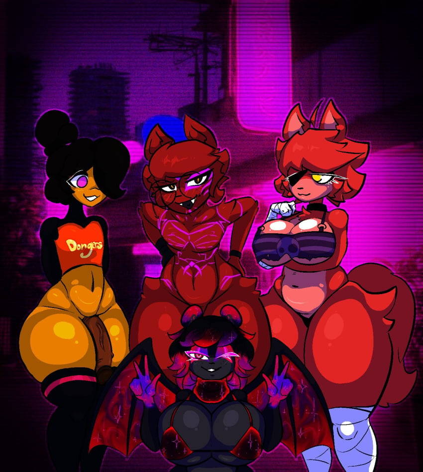 2femboys 2girls big_breasts black_chica bra breasts cally3d clazzey cock_out cryptiacurves curvy curvy_figure enormous_breasts eyepatch fazclaire's_nightclub female femboy fexa fexa_(cryptia) five_nights_at_freddy's fnaf foxy_(cally3d) foxy_(fnaf) fredina's_nightclub gigantic_breasts glasses hands_on_hips hourglass_figure huge_breasts no_pants oc original_character panties peace_sign scottgames stockings stormkinght tattoo tattoos thick_thighs thighs thunder_thighs voluptuous wings