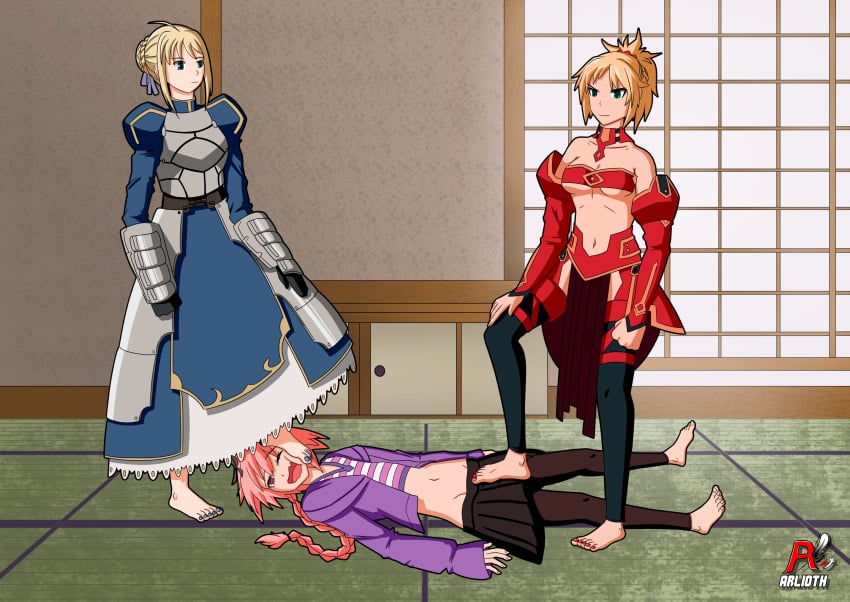 1boy 2girls arlioth artoria_pendragon astolfo_(fate) barefoot crossdressing denki_anma dominant_female fate/apocrypha fate/grand_order fate/stay_night fate_(series) female foot_domination foot_on_face footjob footjob_over_clothes humiliation male mordred_(fate) mother_and_daughter multiple_girls on_back saber standing_footjob stepped_on stepping_on_penis submissive_male teamwork trample trampling trap