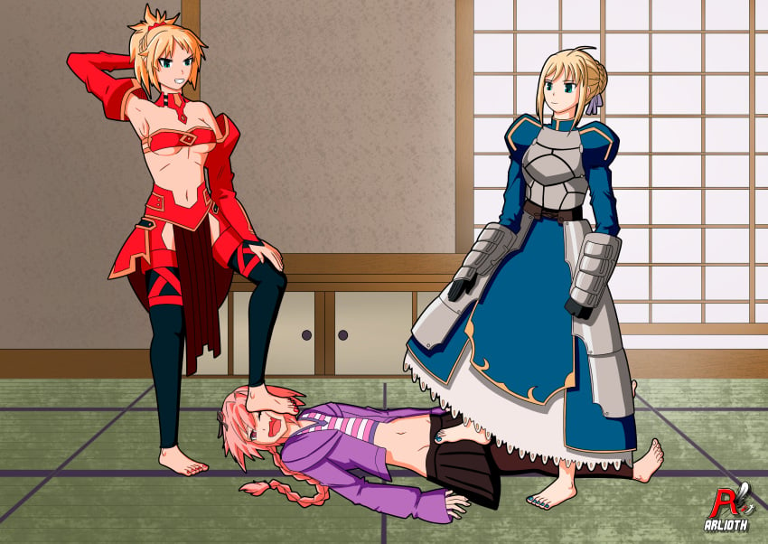 1boy 2girls arlioth artoria_pendragon astolfo_(fate) barefoot denki_anma dominant_female fate/apocrypha fate/grand_order fate/stay_night fate_(series) female foot_domination foot_on_face footjob footjob_over_clothes humiliation male mordred_(fate) mother_and_daughter multiple_girls saber standing_footjob stepped_on stepping_on_penis submissive_male teamwork trample trampling trap