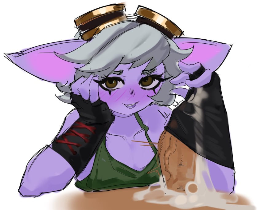 1boy 1girls animal_ears blush brown_eyes clothed cum cum_in_glove glovejob gloves goggles league_of_legends leaking_cum looking_at_viewer null0patience short_hair shortstack smile tristana white_hair yordle