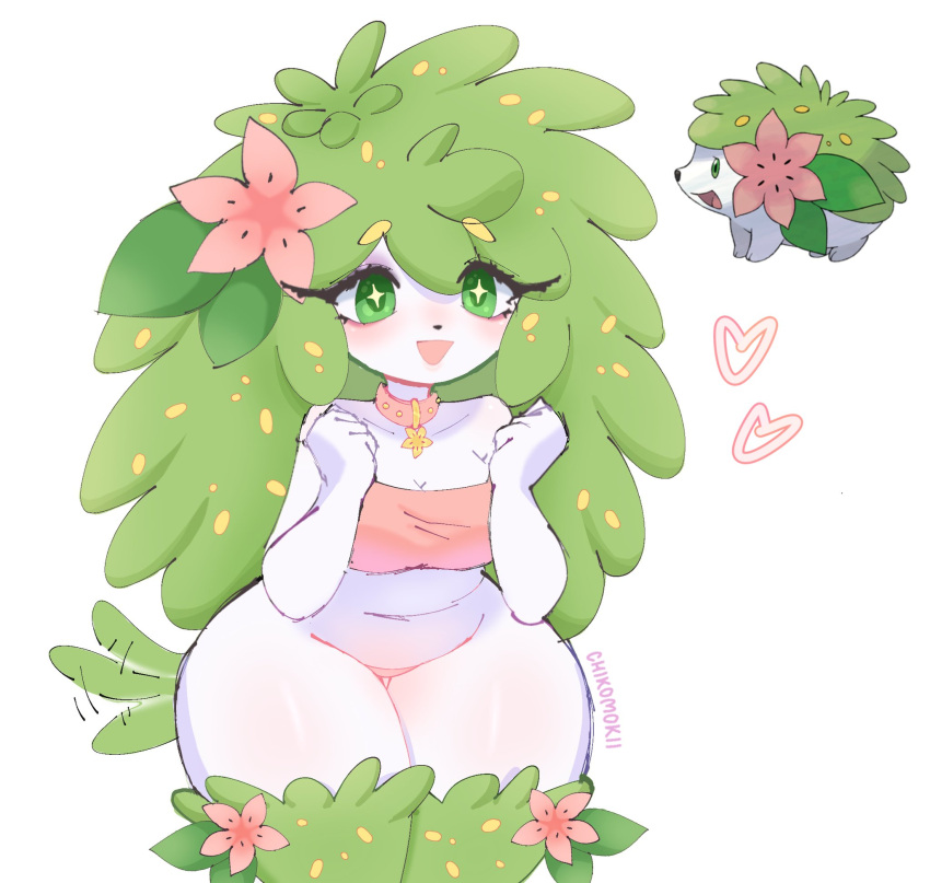 big_ass big_butt big_thighs bottom_heavy chikomokii cute flower flower_in_hair grass green_eyes green_hair heart mythical_pokemon nature pink_flower pokémon_(species) pokemon pokemon_(species) shaymin shaymin_(land_form) tail thick_thighs thighhighs white_body white_skin wholesome