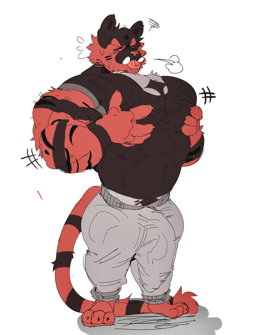 akachionmain anthro balls bara barazoku big_balls big_pecs big_penis black_fur bulge closed_eyes felid feline furry incineroar male male_only muscles muscular nintendo pants penis pokemon red_fur shirt solo solo_male sweatpants tongue_out