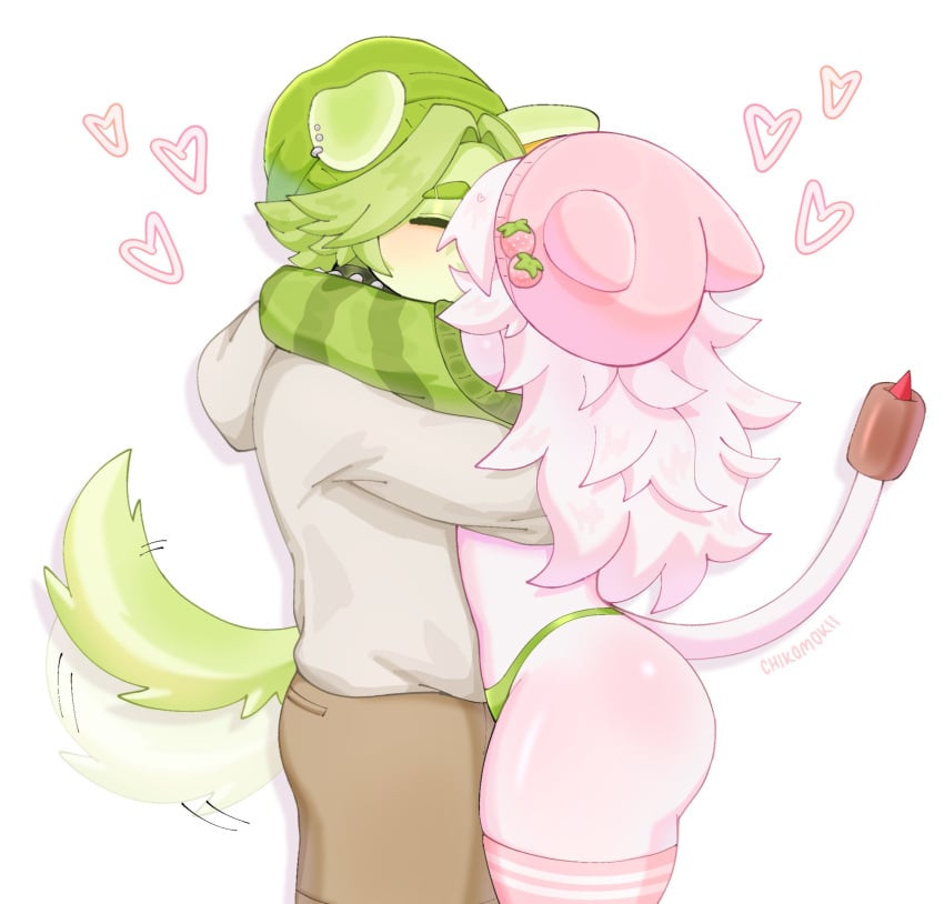 beanie beanie_hat canine cat_ears cat_humanoid cat_tail catgirl cattail_(chikomokii) cattail_(pvz) chikomokii dog_ears dog_tail green_clothing green_panties heart lillypad_(pvz) pink_body pink_hair plants_vs_zombies thighhighs