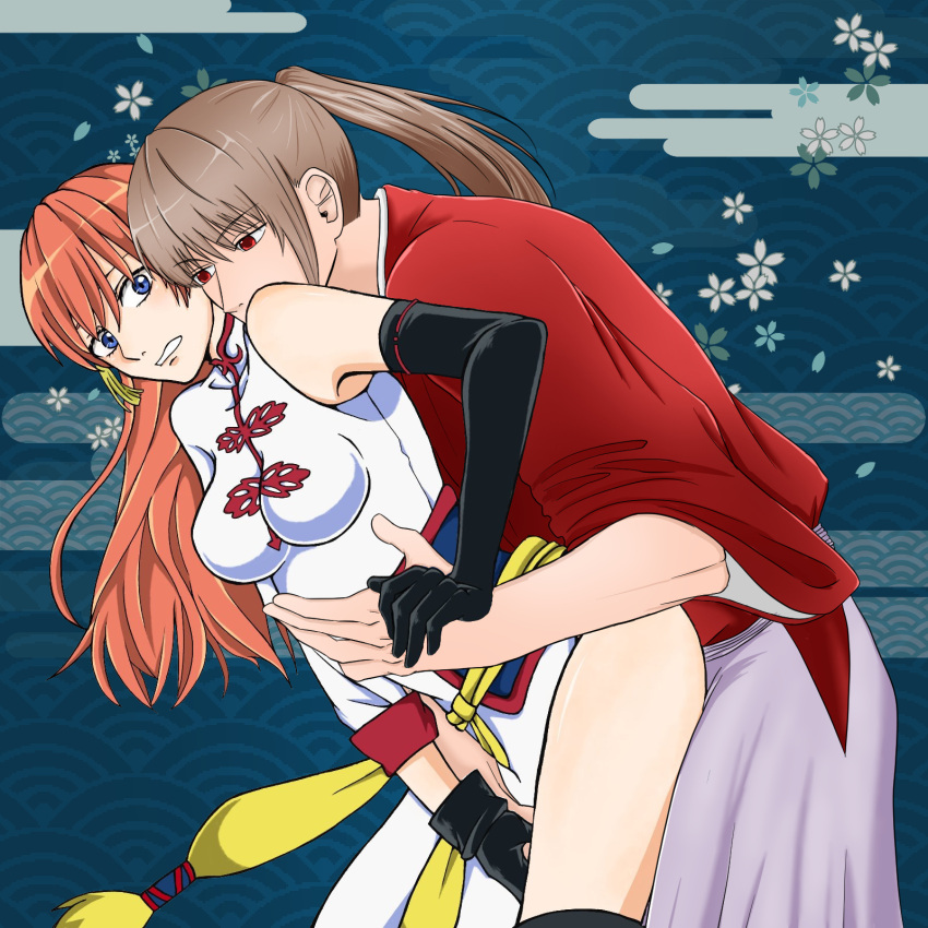 1boy 1girls aged_up black_gloves blue_eyes brown_hair china_dress chinese_clothes crotch_rub female fingering_from_behind fingering_partner fully_clothed gintama gintama:_be_forever_yorozuya gloves hair_ornament hakama japanese_clothes kagura_(gintama) kimono koyo_1213 long_hair long_hair_male looking_at_another looking_back male official_alternate_costume official_alternate_hairstyle okita_sougo orange_hair ponytail red_eyes samurai