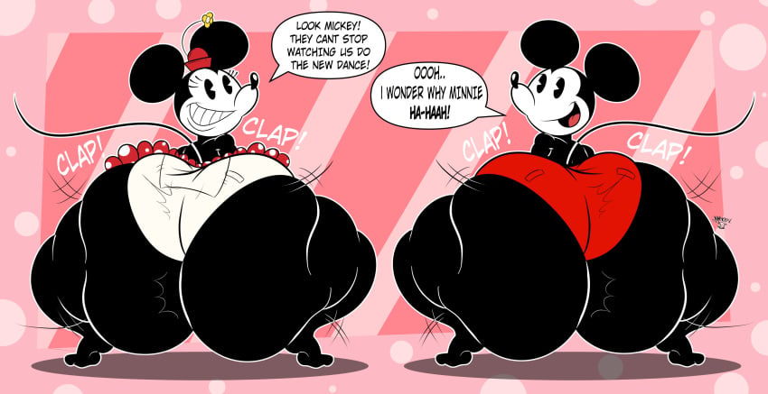 1boy 1girls anthro both_sexes_in_same_situation dialogue disney duo english_text female hyper hyper_ass looking_at_viewer male mickey_mouse mickey_mouse_shorts minnie_mouse mouse mrxrickyx pac-man_eyes rodent tagme text thiccey_mouse twerking