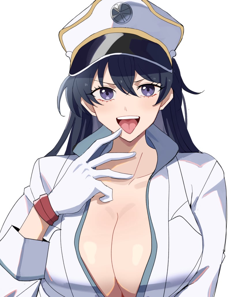 1girls absurdres bambietta_basterbine black_hair bleach bleach:_the_thousand-year_blood_war blue_eyes blush breasts cleavage collarbone commentary_request eyelashes female finger_to_mouth gloves hair_between_eyes hand_up hat highres jacket kasuga_kaya korean_commentary large_breasts long_hair long_sleeves looking_at_viewer naughty_face no_bra open_clothes open_jacket open_mouth peaked_cap simple_background solo sternritter straight-on teeth tongue tongue_out upper_teeth_only v-shaped_eyebrows white_background white_gloves white_headwear white_jacket