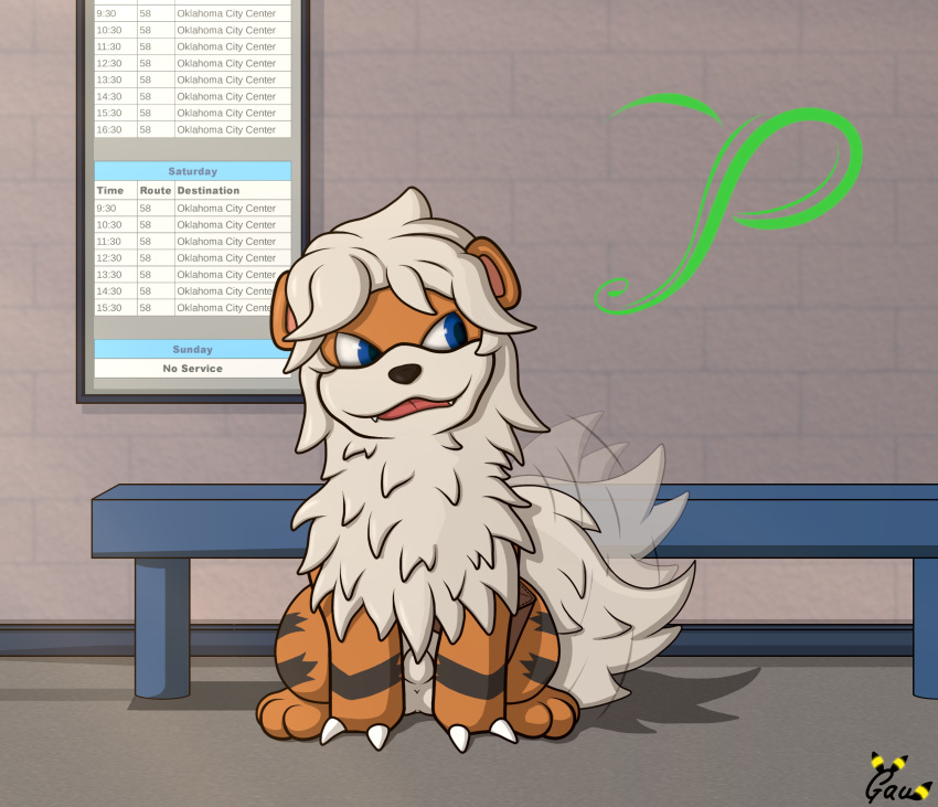 animal_genitalia balls bus_stop canid canine canis domestic_dog feral fur gau_(artist) generation_1_pokemon genitals growlithe hi_res hisuian_form hisuian_growlithe leo_(growlithe) male mammal nervous nintendo pokemon pokemon_(species) regional_form_(pokemon) sheath solo story story_in_description tail tail_motion tailwag text