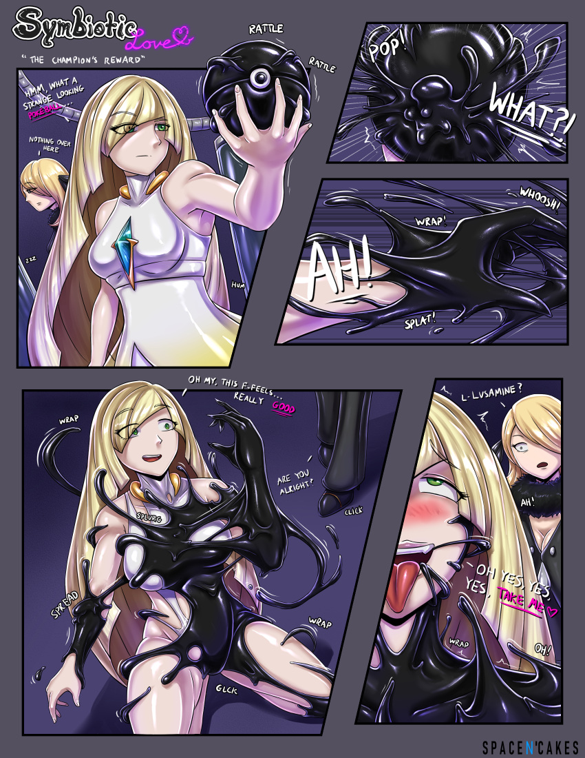 2girls alternate_breast_size big_breasts black_lips breast_expansion corruption cynthia_(pokemon) female large_breasts long_tongue lusamine_(pokemon) marvel multiple_girls nipples pokemon she-venom slime spacen'cakes symbiote transformation venom venom_(marvel)