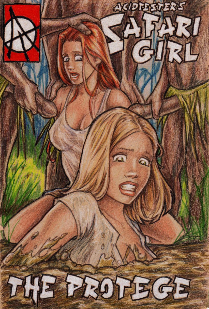 2girls 3boys acidtester blonde_hair captured cover_page covert-operations fake_cover gangbang imminent_gangbang imminent_oral imminent_rape interracial quicksand rape red_hair safari_girl swamp tank_top