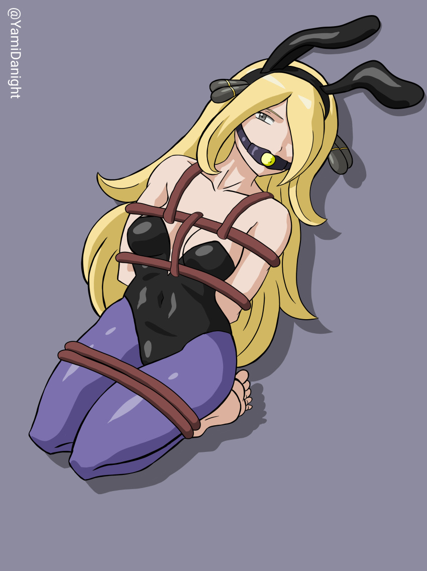 1girls ball_gag barefoot blonde_female blonde_hair blonde_hair_female bondage bunny_ears bunny_girl bunnysuit cynthia_(pokemon) female femsub game_freak gamefreak nintendo pokemon pokemon_bdsp pokemon_champion pokemon_dppt rope rope_between_breasts rope_bondage sex_slave slave toes yamidanight