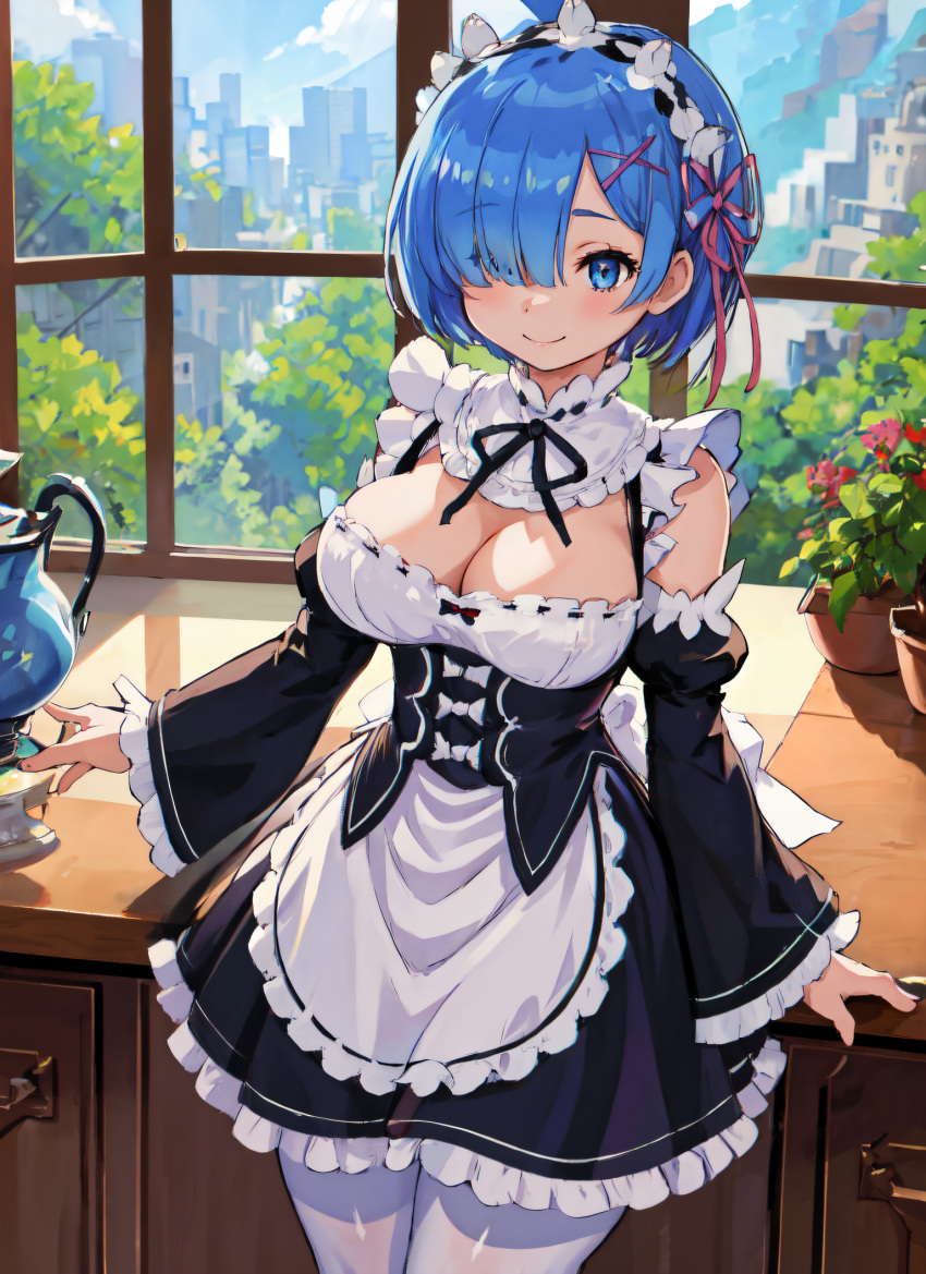 1girls ai_generated bare_shoulders big_breasts blue_eyes blue_hair cleavage hair_over_one_eye hi_res large_breasts mabi_ai maid maid_headdress maid_uniform re:zero_kara_hajimeru_isekai_seikatsu rem_(re:zero) short_hair thighhighs