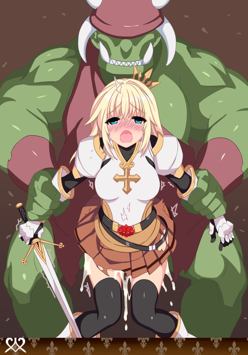 1girls 1male akisoba armor belt blonde_hair blue_eyes blush blushing bracers coronet crown cum cum_drip cum_inside cum_leaking dubious_penetration excessive_cum eyes_covered fangs female female_human from_behind from_behind_position greaves green_eyes helmet interspecies interspecies_rape interspecies_sex knight lord_knight lord_knight_(ragnarok_online) lord_knight_complex monster_on_female muscular muscular_male orc orc_male orc_on_human orgasm ragnarok_online rape restrained restrained_arms ripped_skirt sadistic_smile skirt smiling spoils_of_war stockings sword trembling trembling_pleasure weak_legs