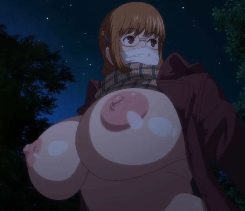 1girls breasts brown_hair exhibitionism female female_only junjou_decamelon mask night queen_bee_(animation_studio) scarf screenshot solo star