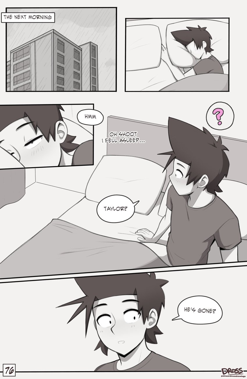 1boy bed black_hair comic comic_page dialogue dross gay hotel hotel_room jacob_(dross) light-skinned_male light_skin male male_only monochrome page_76 partially_clothed skater_boi_(dross) solo solo_focus solo_male spiky_hair t-shirt tagme text text_bubble twink yaoi