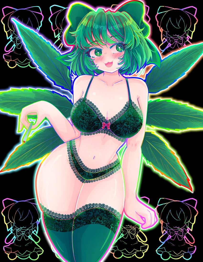 :3 absurdres bikini bow breasts bright_pupils cigar cirno dark_background frilled_bikini frilled_panties frilled_socks frills fumo_plush glowing green_bikini green_bow green_eyes green_hair green_headwear green_panties green_socks hapa_cirno highres holding holding_cigar iridescent large_breasts leaf_wings marijuana multi_wing nanaii_desu panties rainbow_outline short_hair smoking_pipe socks swimsuit thighhighs touhou underwear weed weed_cirno white_pupils wings