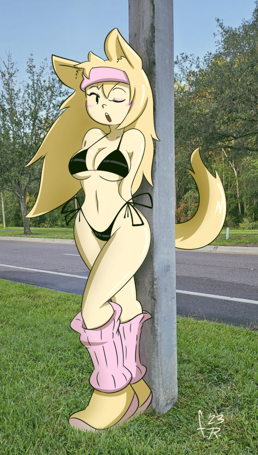 1girls 2023 artist_signature bikini blonde_hair cat_ears cat_tail catgirl cleavage exhibitionism felicity_(fernal_scarlet) female female_only fernal-scarlet headband legwarmers original photo_background pinup public road roadside shoes side-tie_bikini sideboob solo_female tail underboob wink