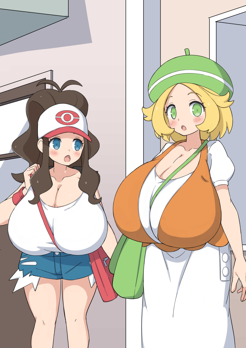 bianca_(pokemon) blonde_hair brown_hair game_freak hat hilda_(pokemon) huge_breasts nintendo pokemon pokemon_bw ponytail sabonbold short_hair top_heavy