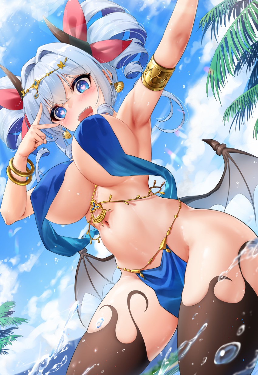 :d bouncing_breasts covered_nipples demon_wings heart-shaped_pupils niliu_chahui original shione_(niliu_chahui) succubus thick_thighs water