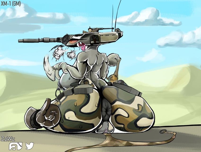 anthro anus big_anus big_ass big_butt camouflage desert donut_anus female living_aircraft living_machine living_tank overheated panties panties_down sweat tankmorph thighs tongue_out xm-1 zzwz