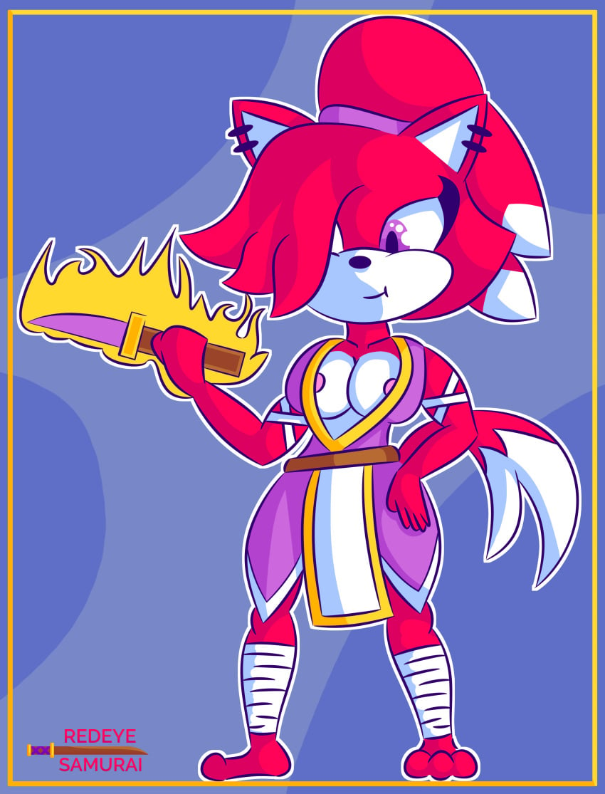 absurd_res anthro big_breasts breasts clothed clothing digital_media_(artwork) fan_character female fire fur hair hi_res humanoid knife long_hair ninja nipples purple_eyes red_body red_fur red_hair redeye_samurai_(artist) sega simple_background smile solo sonic_(series) sonic_the_hedgehog_(series) tail warrior weapon