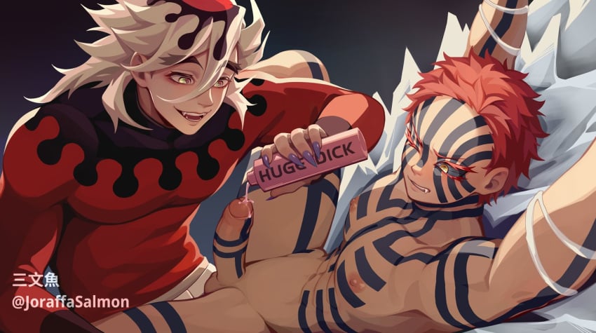 2boys akaza_(kimetsu_no_yaiba) arms_up blonde_hair body_markings bondage completely_nude demon_boy demon_slayer douma erection gay joraffasalmon kimetsu_no_yaiba long_hair long_hair_male male male_only muscular muscular_male nude partially_retracted_foreskin penis penis_expansion pouring red_hair restrained sharp_fingernails smile spiky_hair thick_eyebrows uncensored uncut yaoi