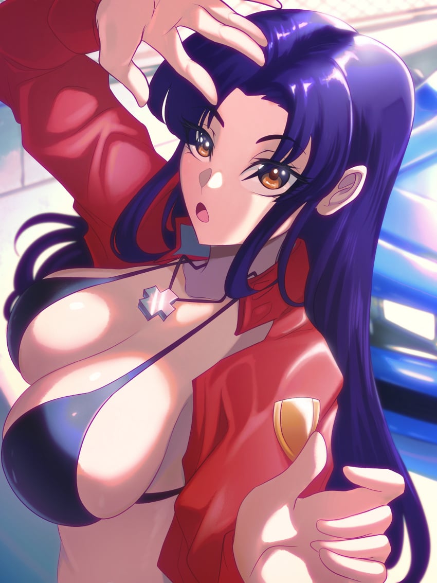 1girls big_breasts bikini bikini_top_only breasts brown_eyes busty cleavage female female_only jacket large_breasts long_hair looking_at_viewer mature mature_female mature_woman misato_katsuragi neon_genesis_evangelion opalisart open_clothes open_jacket open_mouth purple_hair sensual sideboob solo swimsuit