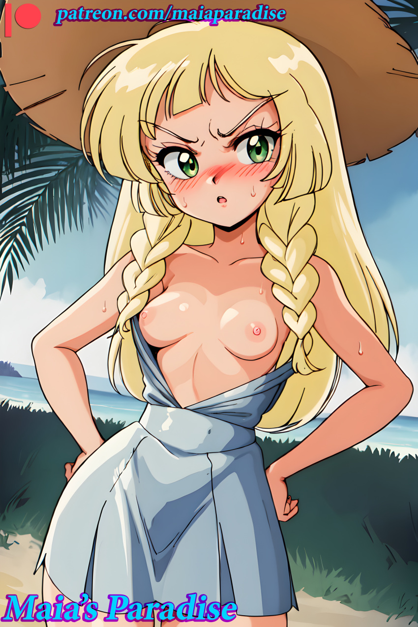 1990s_(style) 1girls ai_generated artist_name artist_signature blonde_hair blush breasts_out fanbox_username female female_only green_eyes hand_on_hip hands_on_hips hat lillie_(pokemon) maia's_paradise medium_breasts nintendo pale_skin perky_nipples petite_breasts pokemon pokemon_sm pokemon_usm retro retro_artstyle smile standing topless