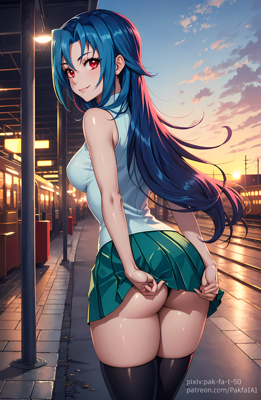 1girls ass blue_hair female female_only human kamishiro_rio legwear long_hair looking_at_viewer looking_back pak-fa-t-50 red_eyes rio_kamishiro school_uniform skirt skirt_up smile solo upskirt yu-gi-oh! yu-gi-oh!_zexal