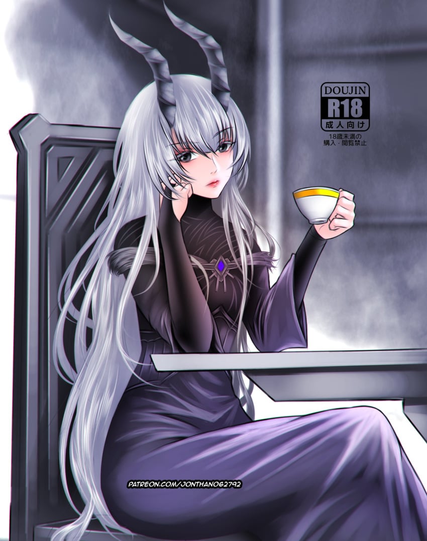 1girls doujinshi female horns jonthan062792 long_dress pale_skin purple_dress seris_vritra sitting tagme tagme_(artist) the_beginning_after_the_end thin_waist white_hair