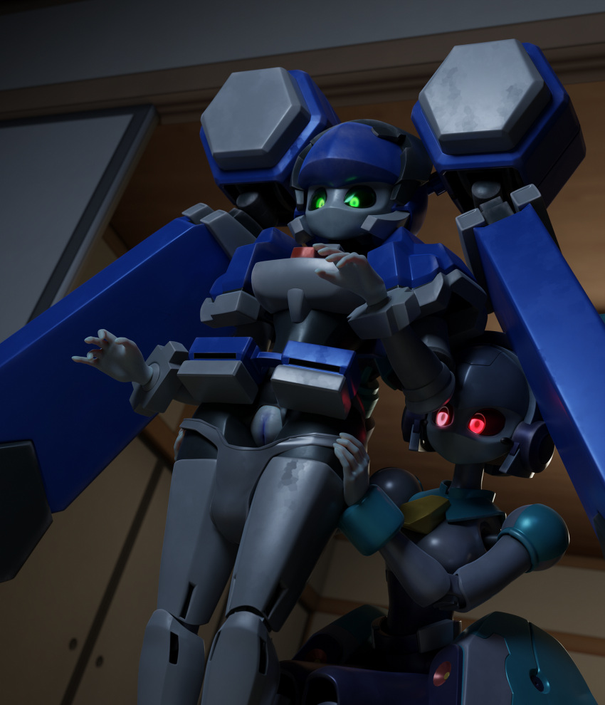 3d 3d_(artwork) assisted_exposure blazermate blender blue_pussy breasts dia-stage exposed_pussy fembot glowing_eyes green_eyes indoors kneeling legs legs_together lorded low-angle_view medarot panties panties_down pussy robot robot_girl robot_humanoid surprised twintails undressing_another